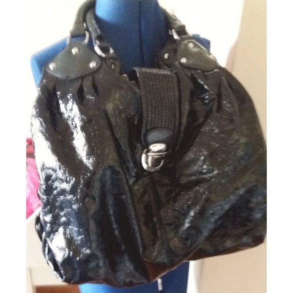 vintage Y2K ESPRIT black round hobo bucket 'lacquered' bag tote purse - Picture 4 of 12